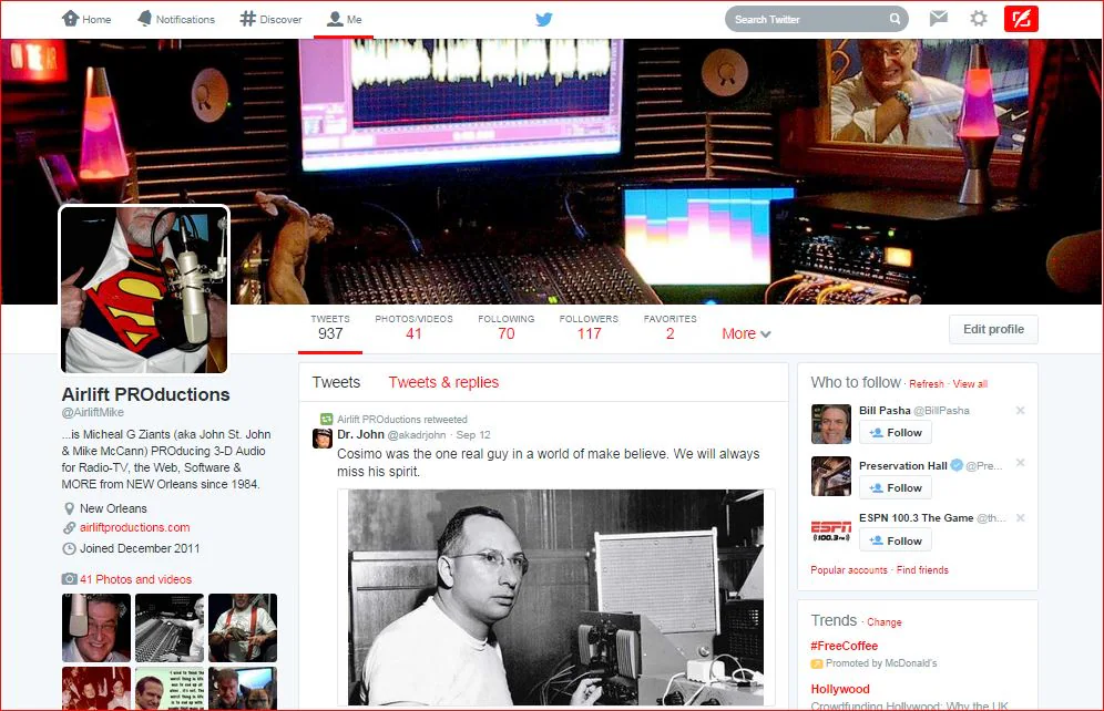 AirliftProductionsScreenShotDrJohnRetweetToCosimoMatassa9-16-14