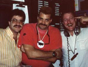 L-R.MikeMcCannSinbadGatorOnAirAtQ-93RadioFall1989AirliftProductionsNOLA