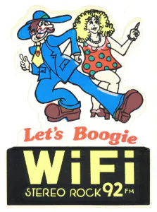 A 1980s era WIFI-92 Bumper Sticker & T-Shirt Design.
