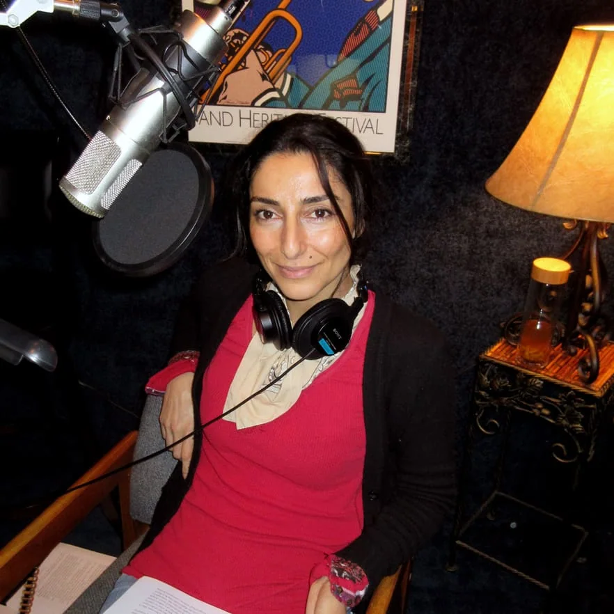 Necar Zadegan recording audiobook tracks at Airlift Productions.